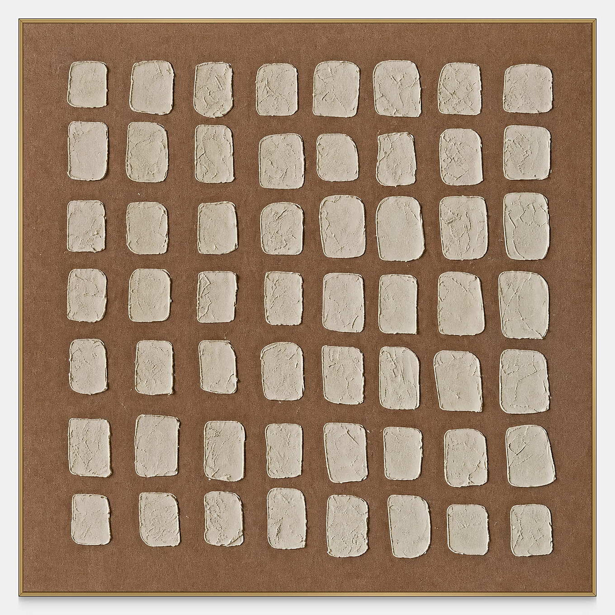 Square abstract artwork with raised cream rectangles arranged in rows on warm brown.