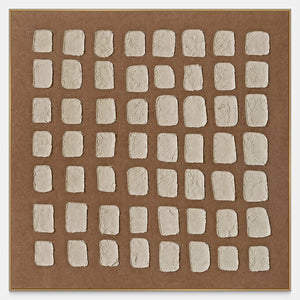 Square abstract artwork with raised cream rectangles arranged in rows on warm brown.