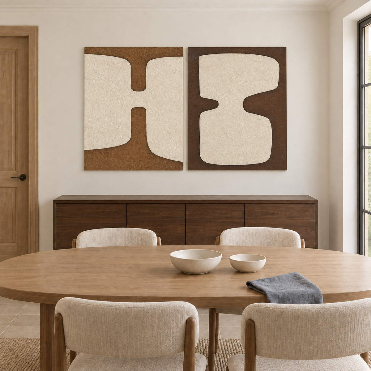 Two panels of complementary ivory organic forms on brown grounds without outer frames, displayed above a dining table.