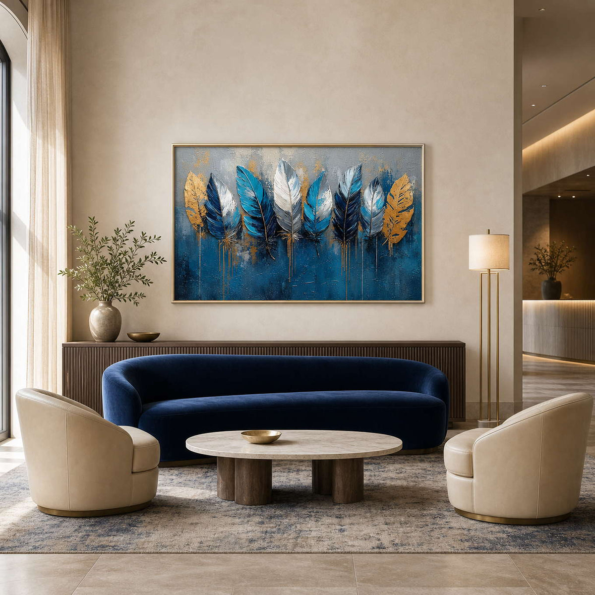 Textured Feather Wall Art displayed in a refined hospitality lounge.
