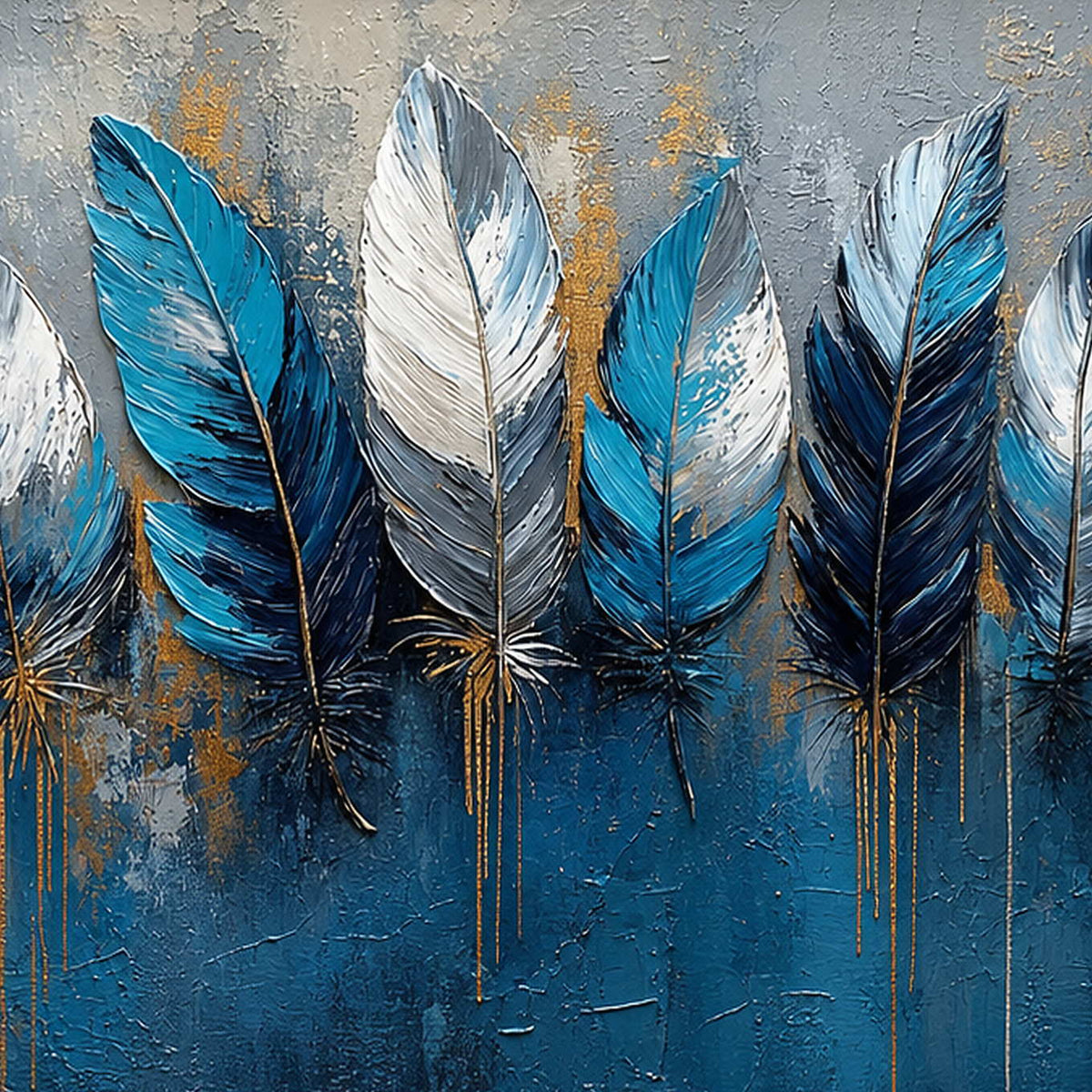 Close-up of raised hand-painted texture in blue, warm tones, and neutral.
