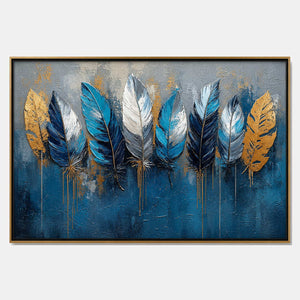 Hand-painted textured feather wall art with blue, warm tones, and neutral tones.