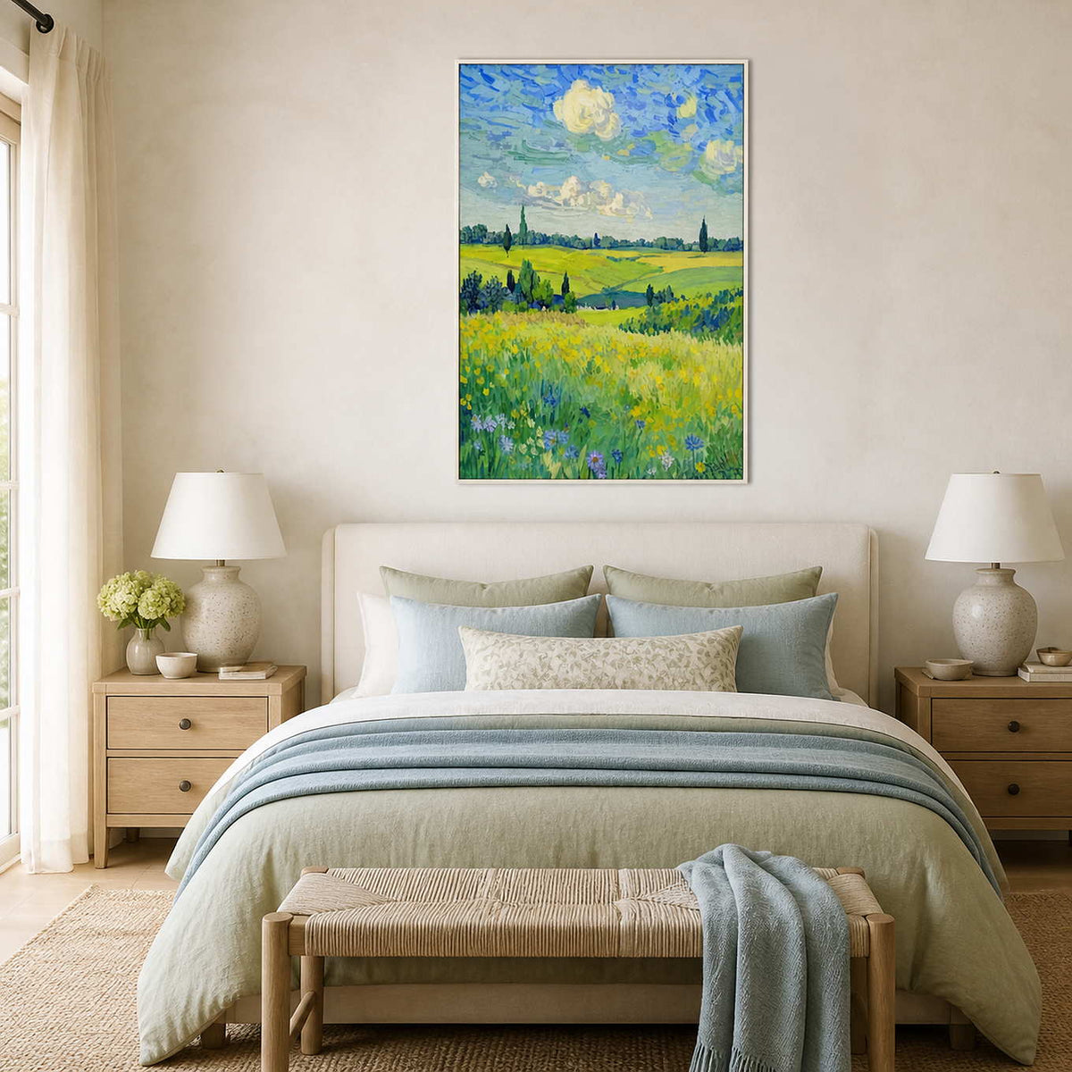 Bright field painting in a white frame above an ivory bed with blue bedding.
