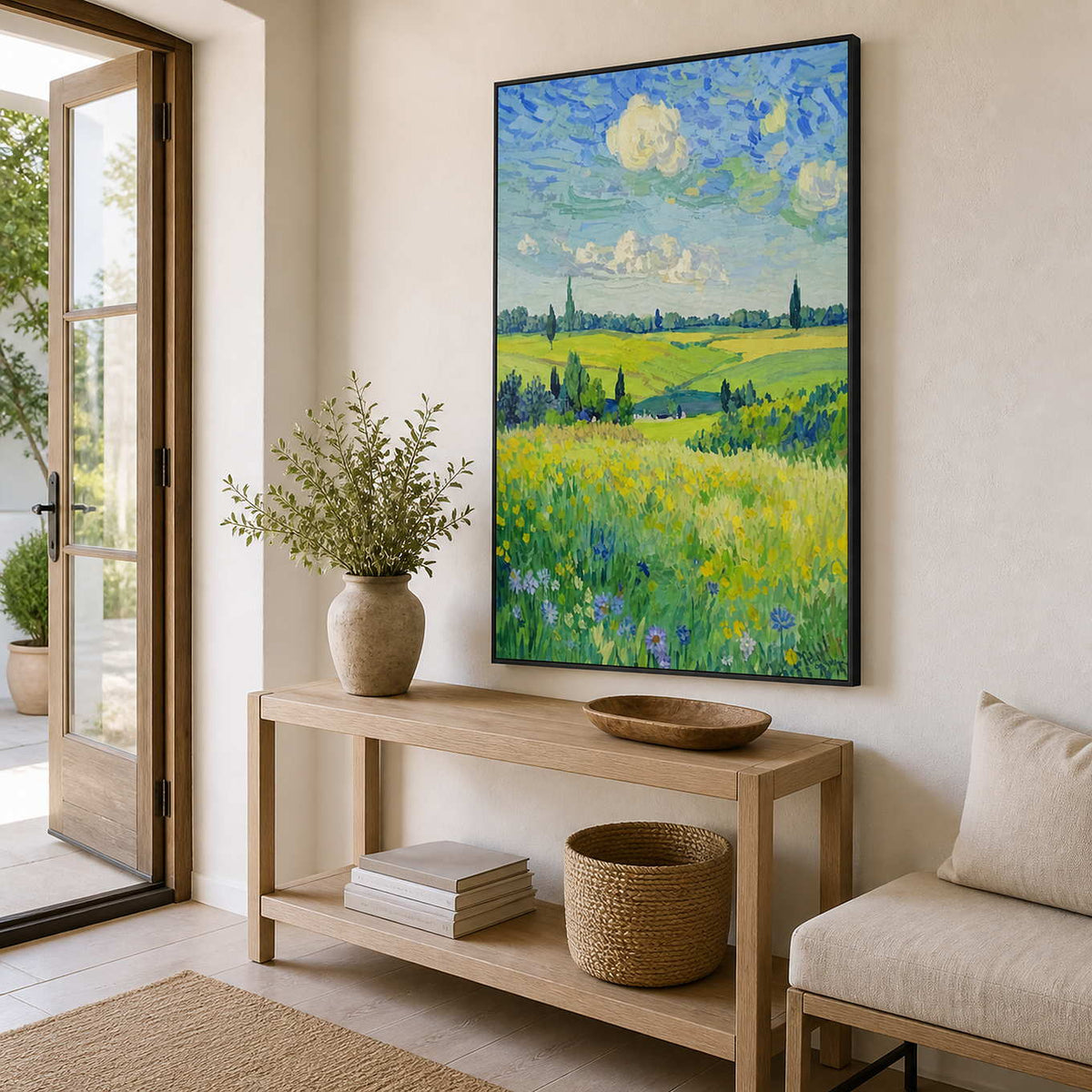 Green meadow painting in a black frame above a wooden entryway console.