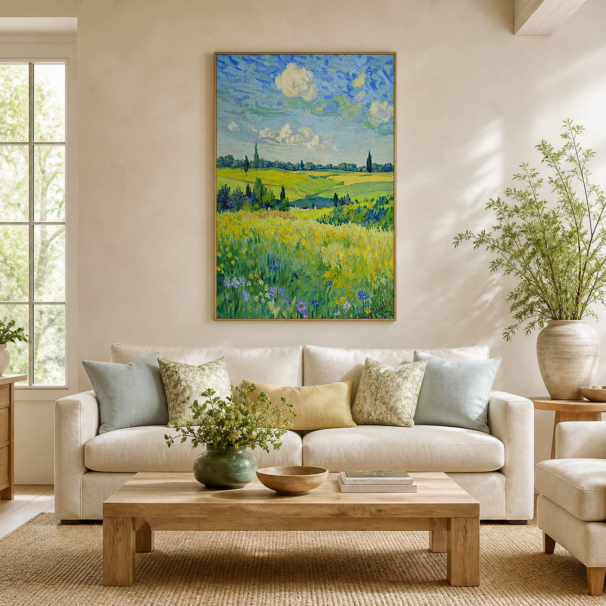 Sunlit meadow painting in a gold frame above a cream living room sofa.