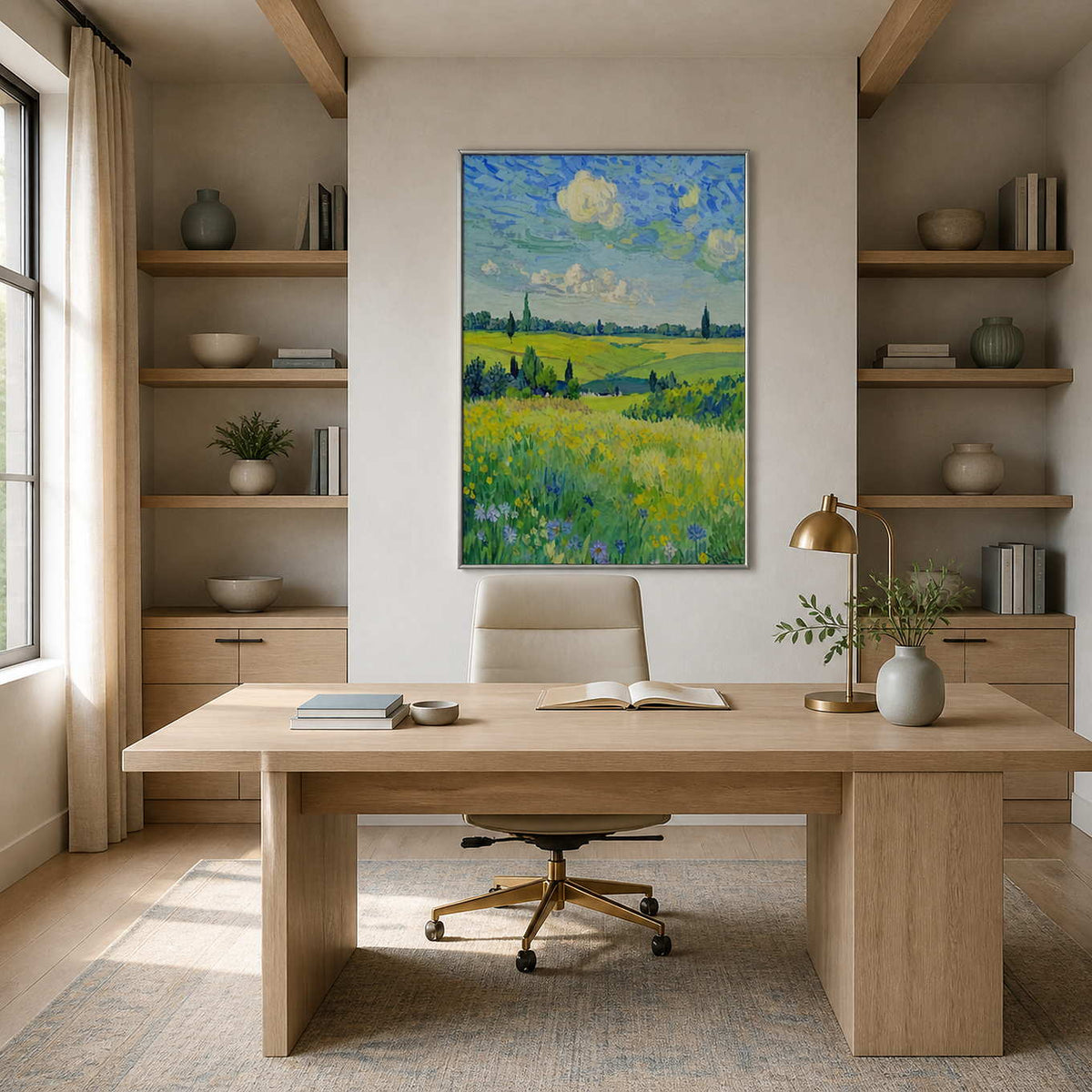 Blue-sky landscape in a silver frame above a wooden desk with a white chair.
