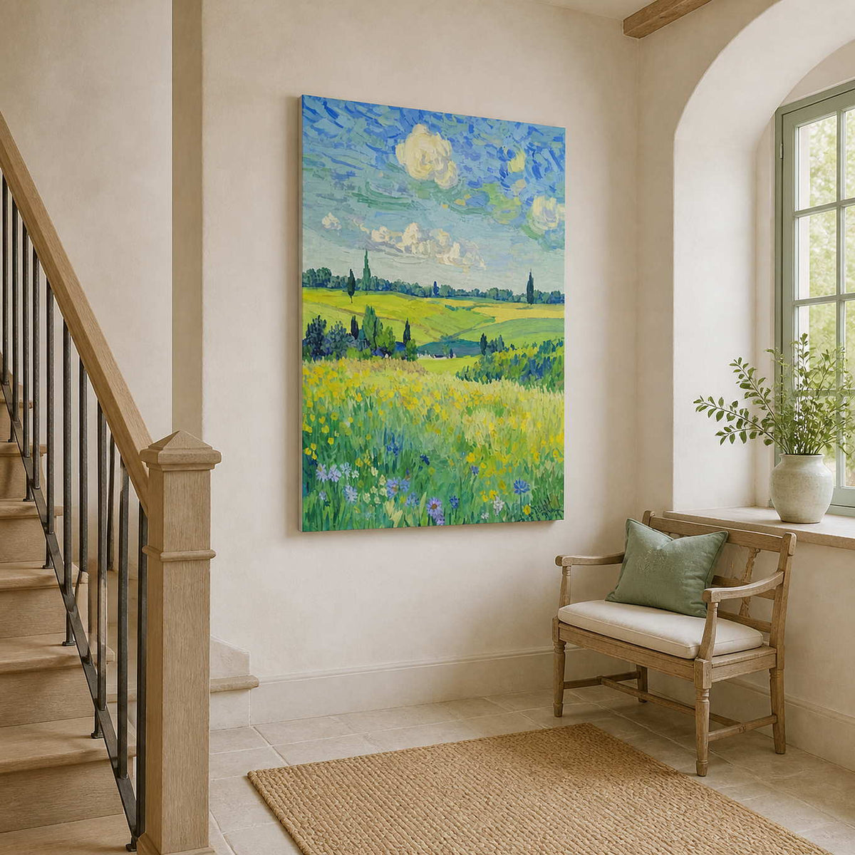 Frameless meadow painting beside a wooden staircase and a chair with green cushions.