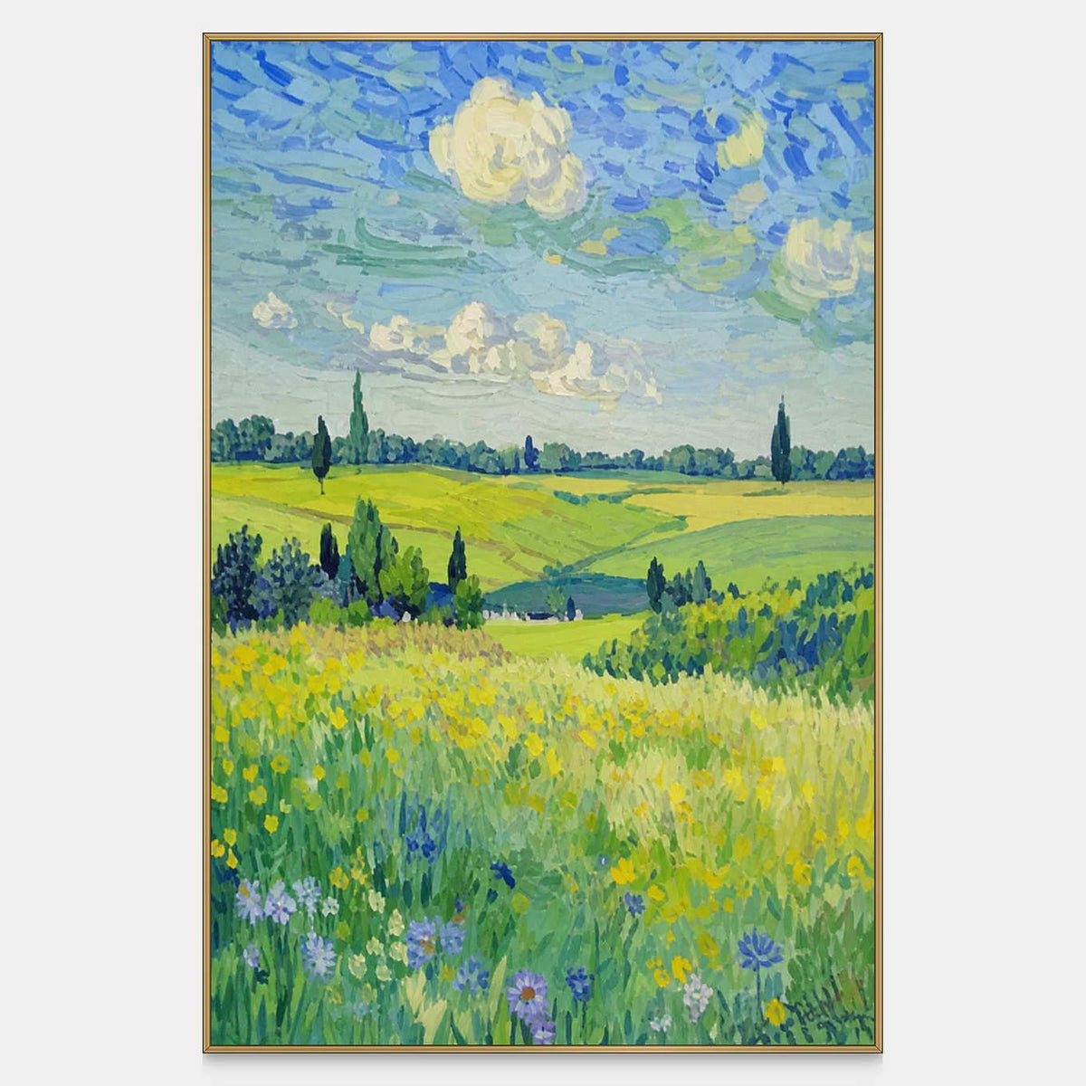 Yellow-green meadows and small flowers beneath a blue sky with swirling pale clouds.