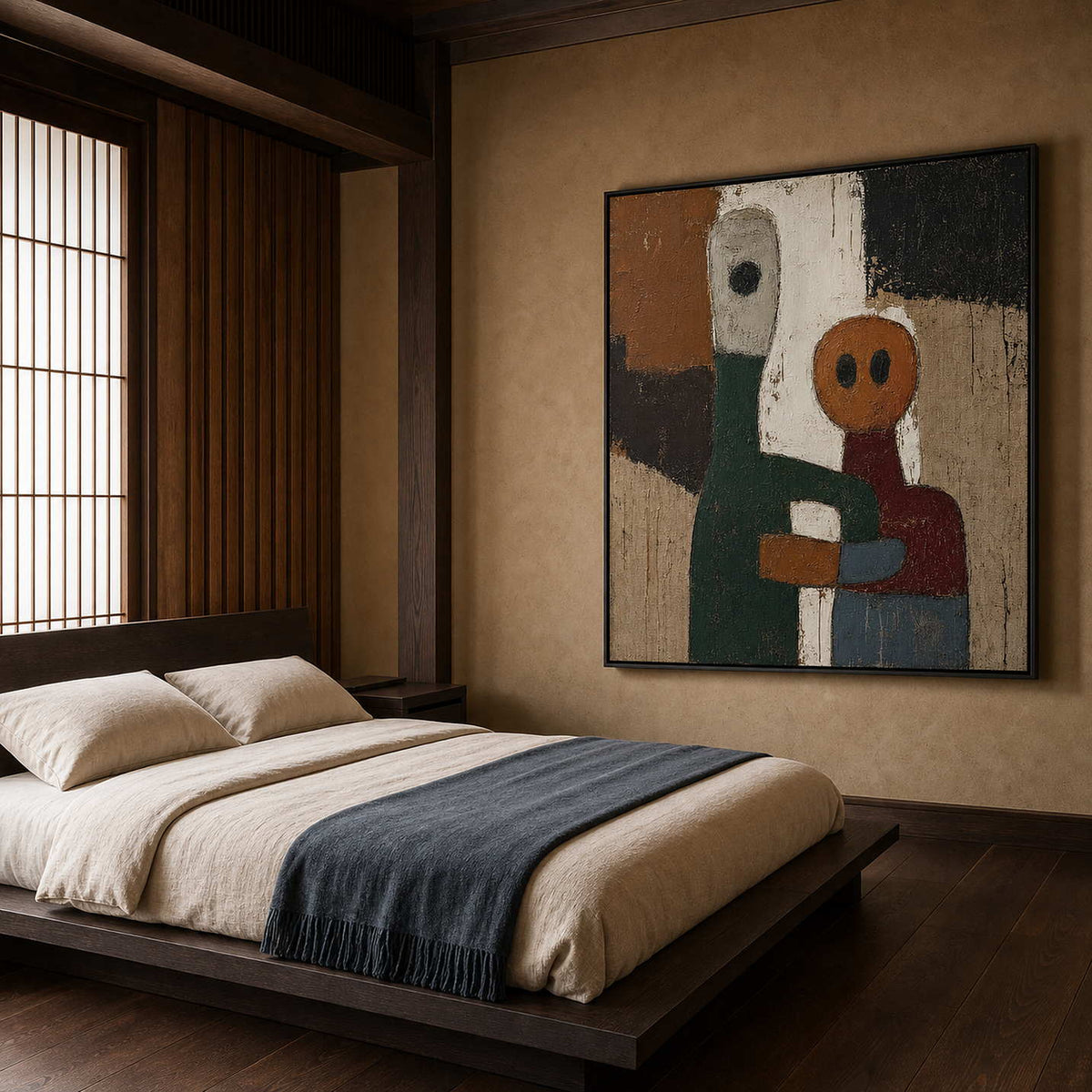 Modern Figurative Wall Art displayed above a calm modern bedroom.