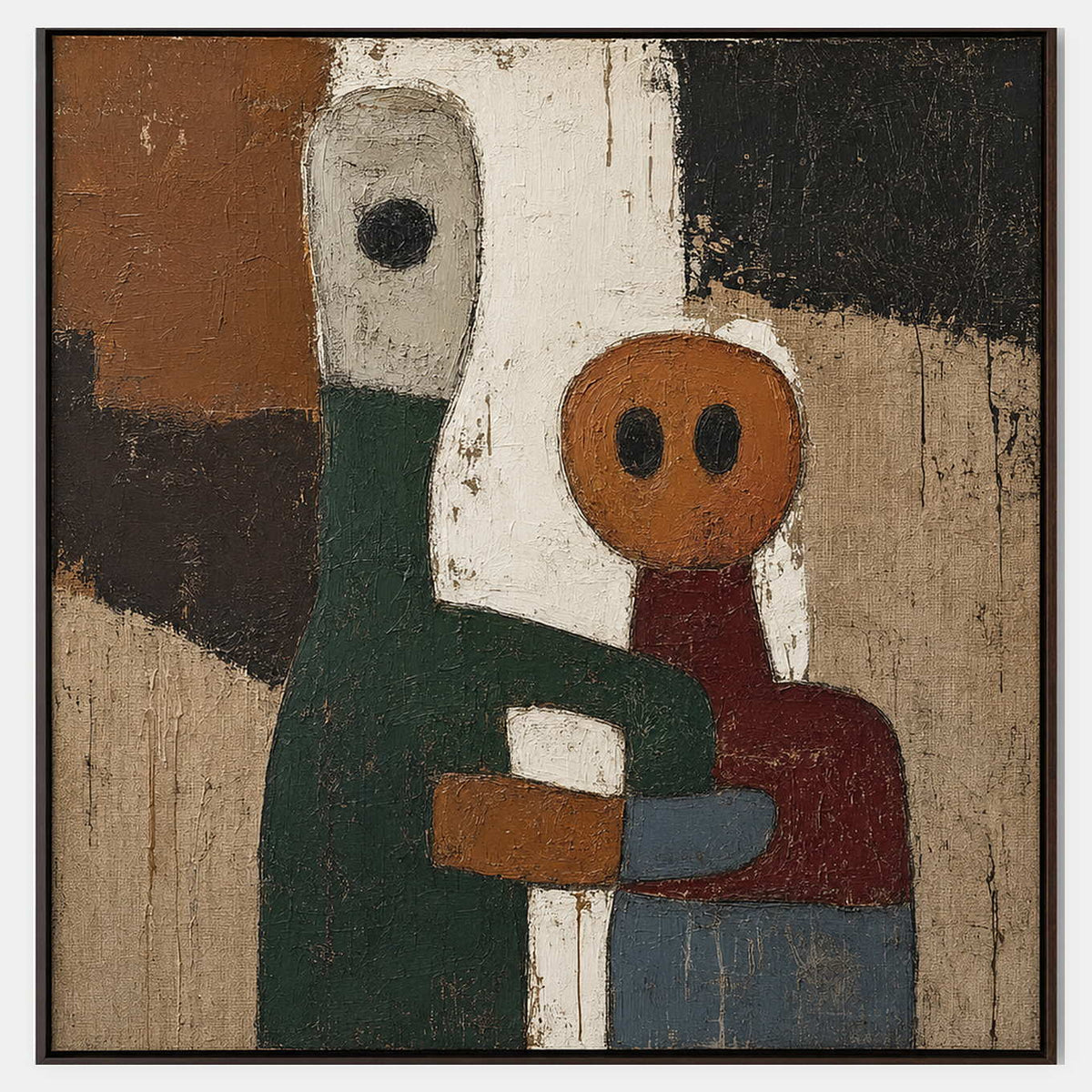 Modern figurative canvas with earthy rust, green, and cream forms.