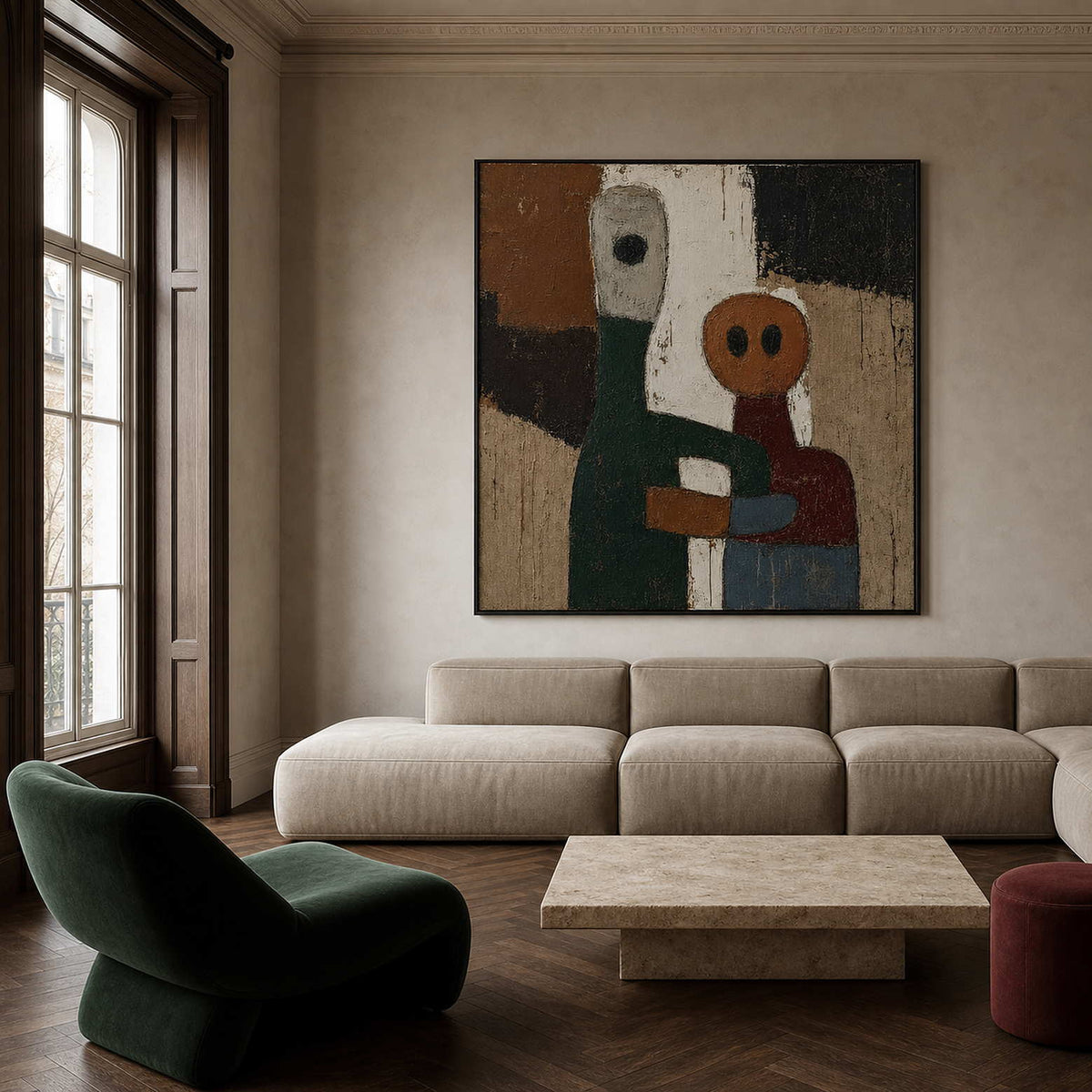 Modern Figurative Wall Art styled above a contemporary living room sofa.