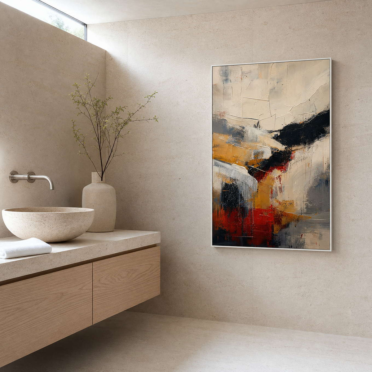 Textured Abstract Wall Art displayed in a refined bathroom.