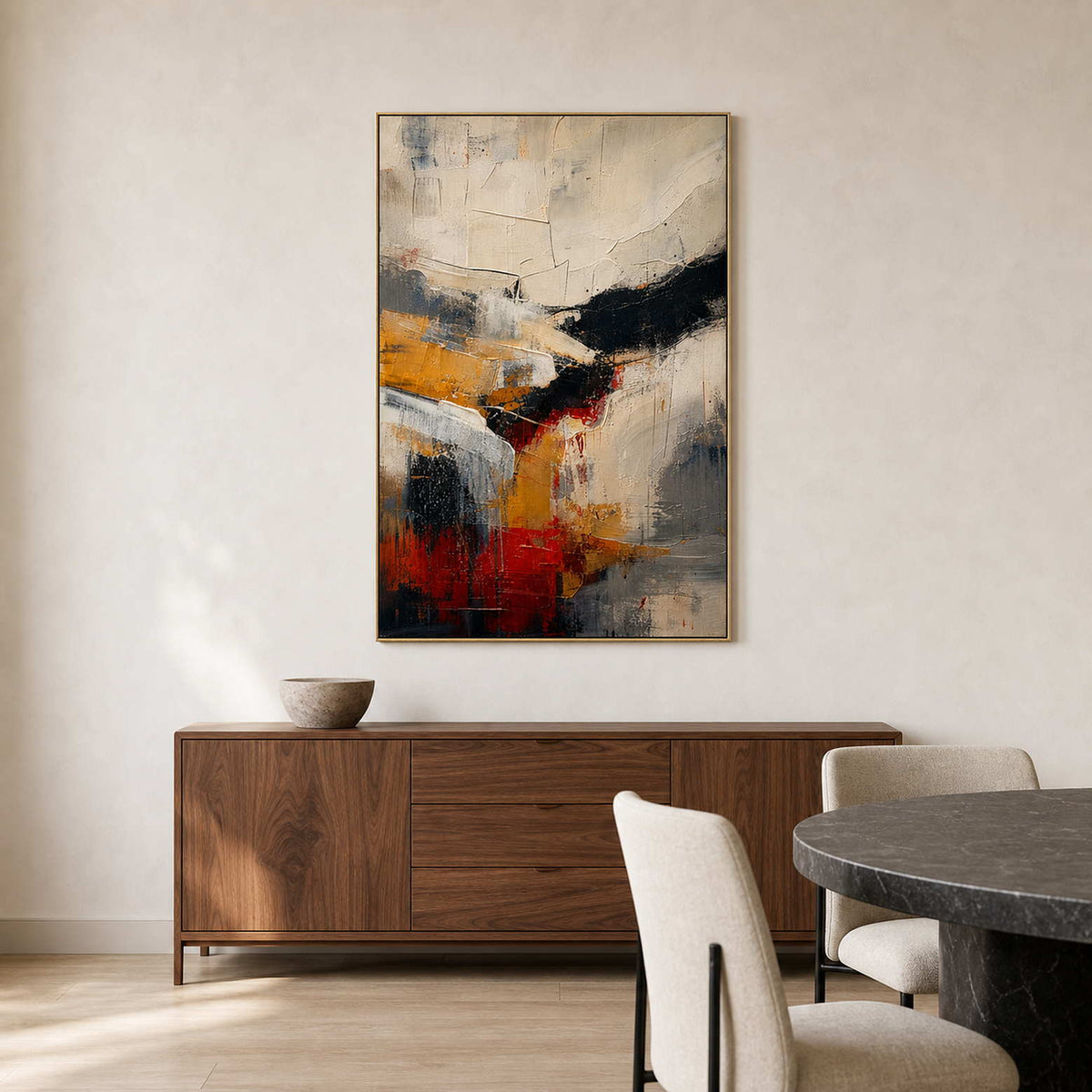 Textured Abstract Wall Art displayed in a refined dining room.