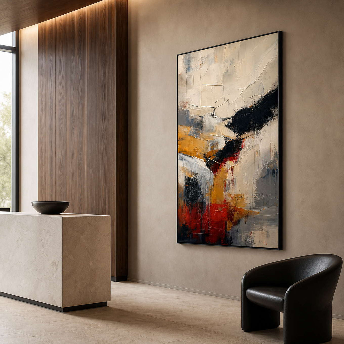 Textured Abstract Wall Art displayed in a refined hospitality lounge.