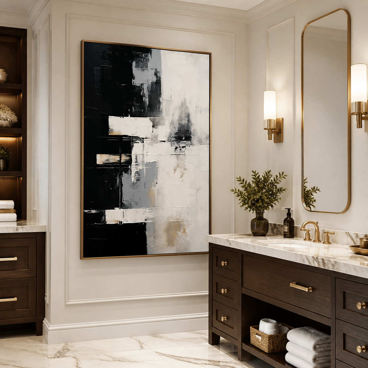 Wood framed monochrome abstract artwork beside a marble vanity in a bathroom dry area.