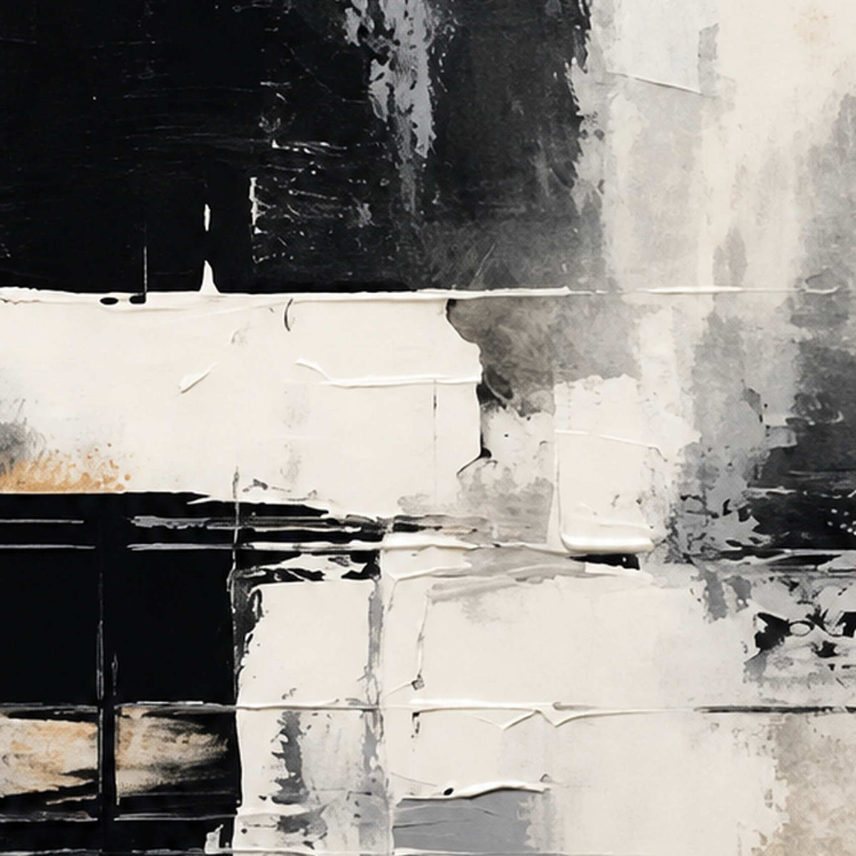 Close view of raised cream horizontal strokes with rough edges over black and gray.