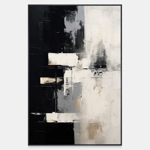Vertical abstract artwork with cream horizontal strokes crossing black and pale gray fields.