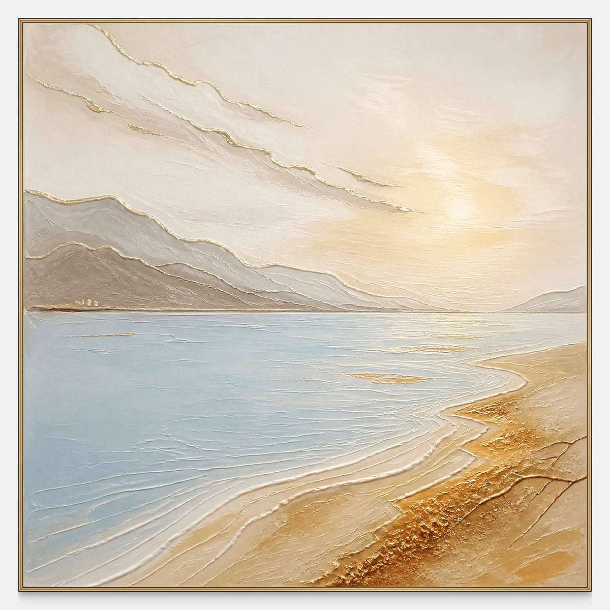 Square coastal canvas with pale blue water, golden sand, and a glowing sky.
