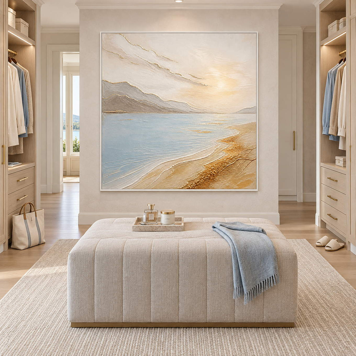 Coastal painting with pale blue water, golden sand, and distant hills in a white frame in a dressing area.