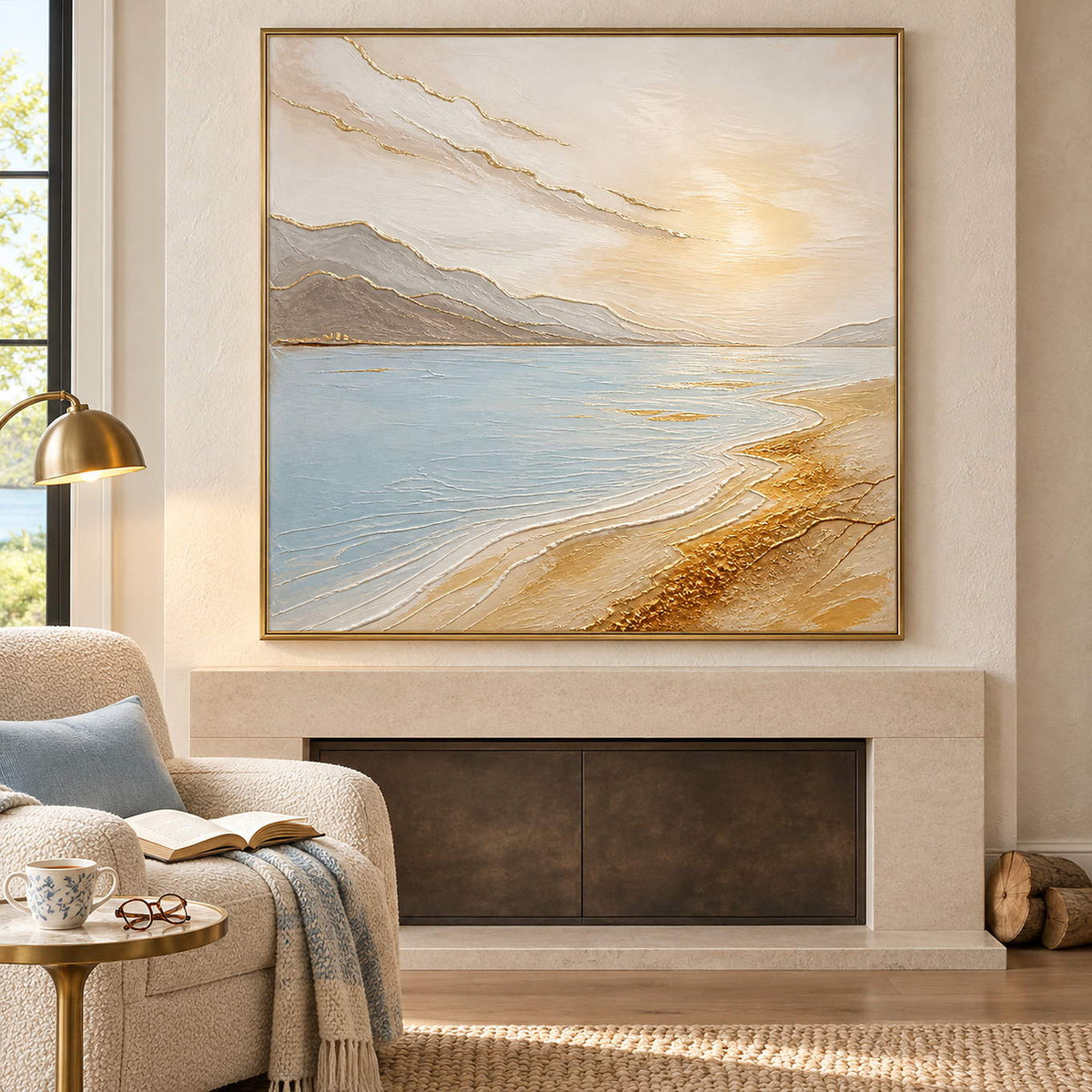 Coastal painting with pale blue water, golden sand, and distant hills in a gold frame in a seating area beside a fireplace.
