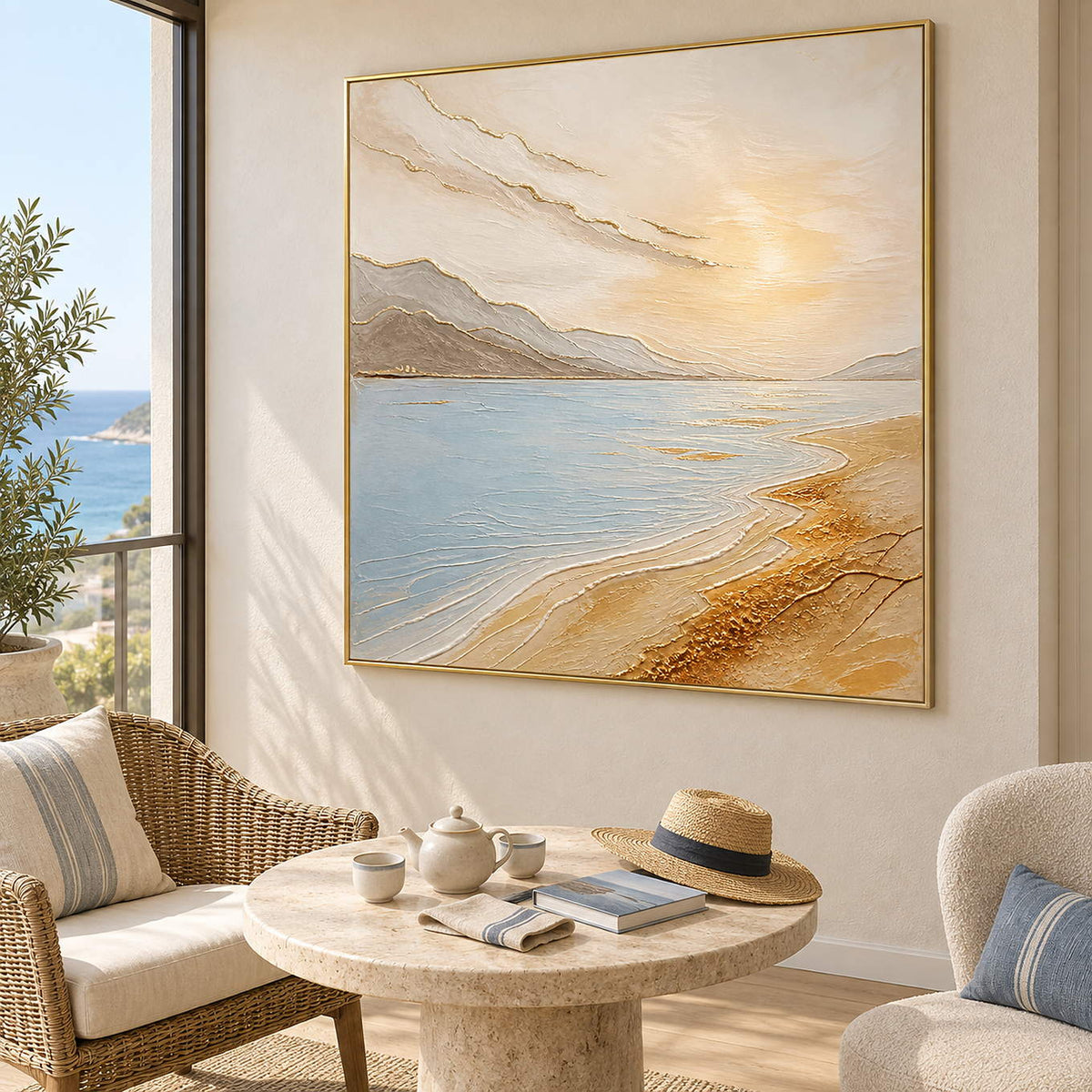 Coastal painting with pale blue water, golden sand, and distant hills in a gold frame in a tea room.
