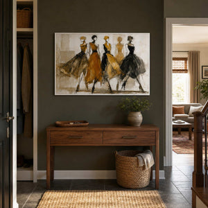 Warm ochre fashion figure artwork brightens a dark residential entryway.