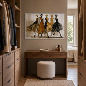 Fashion-inspired figurative wall art displayed in a home dressing area.