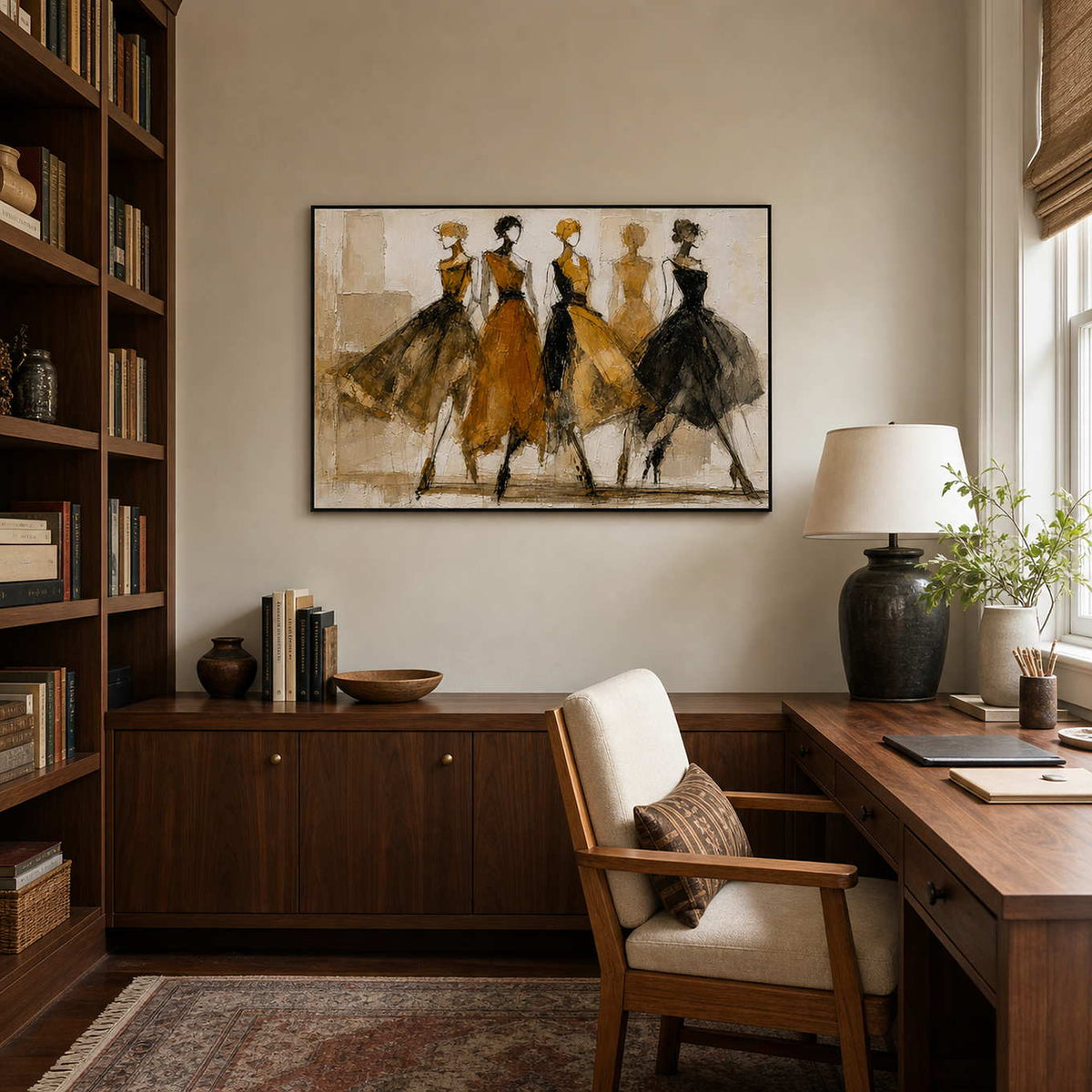 Textured fashion figure wall art displayed in a home study reading area.