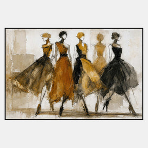 Hand-painted fashion figure artwork with five women in ochre, black, and neutral gowns.