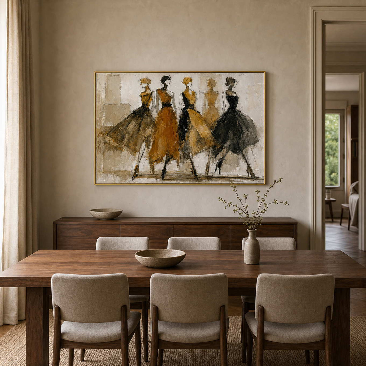 Textured fashion figure wall art styled above a walnut dining room.
