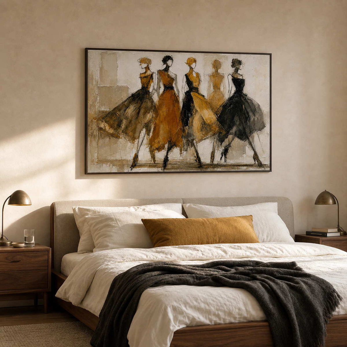 Ochre and black figurative artwork displayed in a warm modern bedroom.