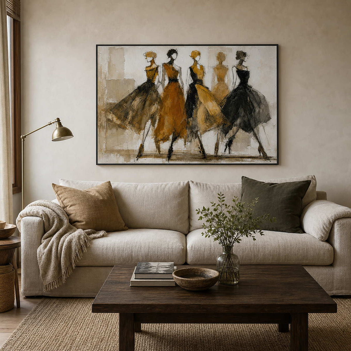 Ochre and black fashion figure wall art displayed in a warm modern living room.