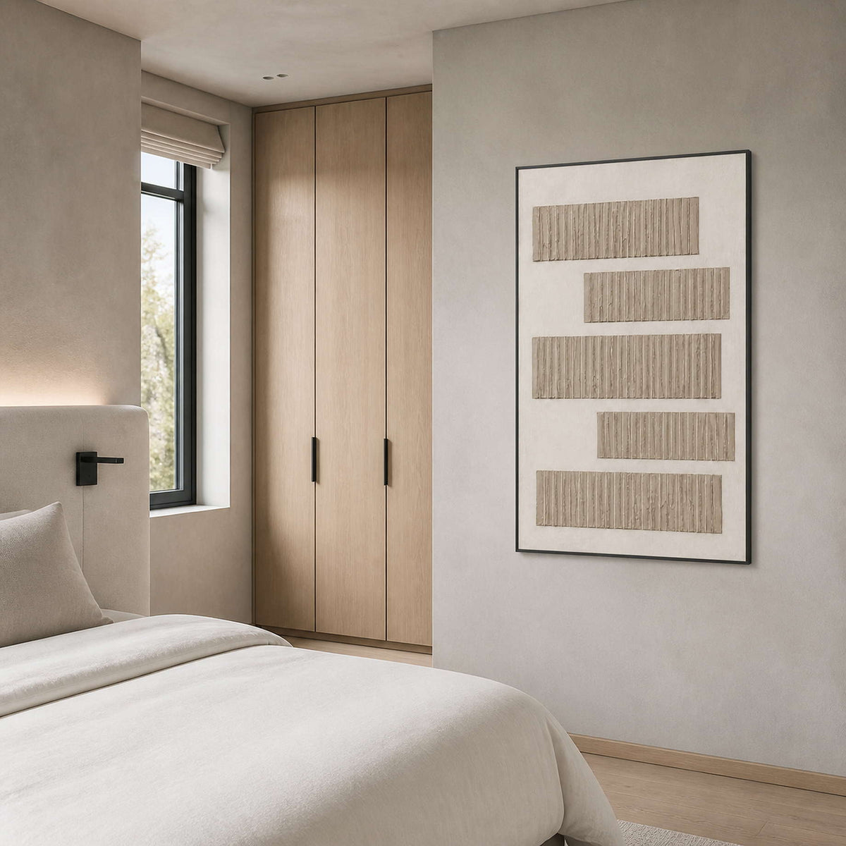Neutral relief painting displayed beside a mist-gray light wood bedroom.