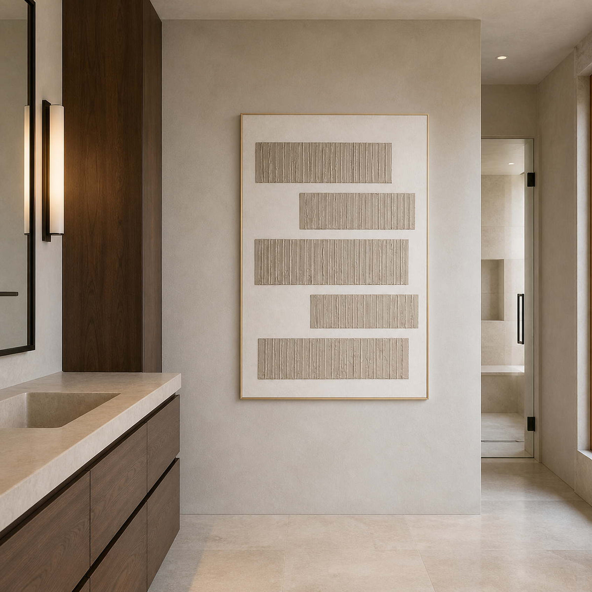 Neutral textured painting displayed in a pale stone bathroom area.