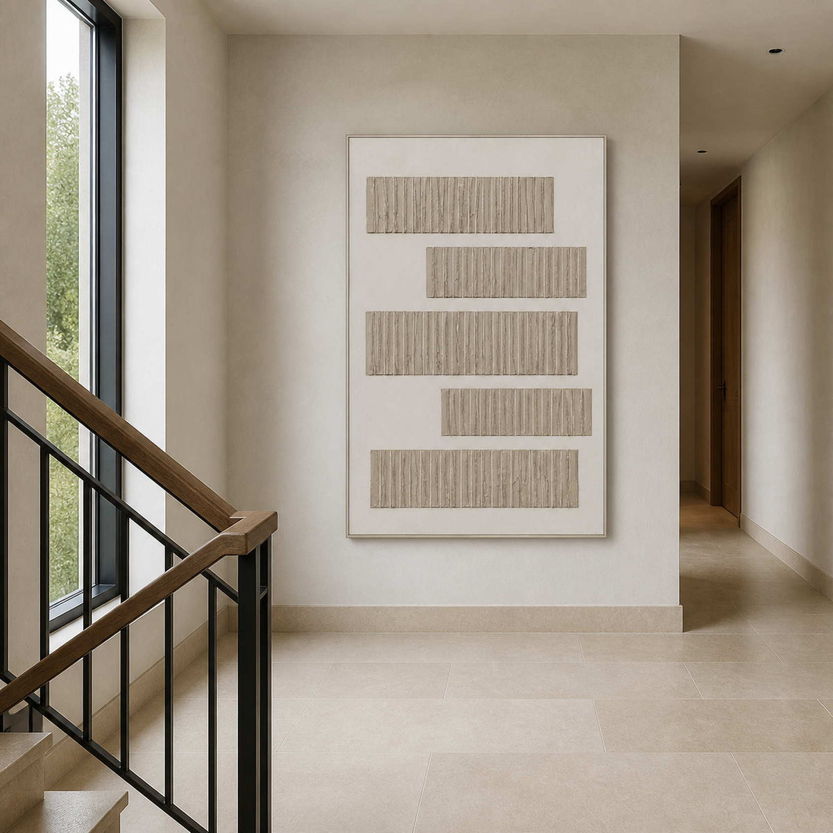 Wabi-sabi wall art viewed from a pale stone stair landing.