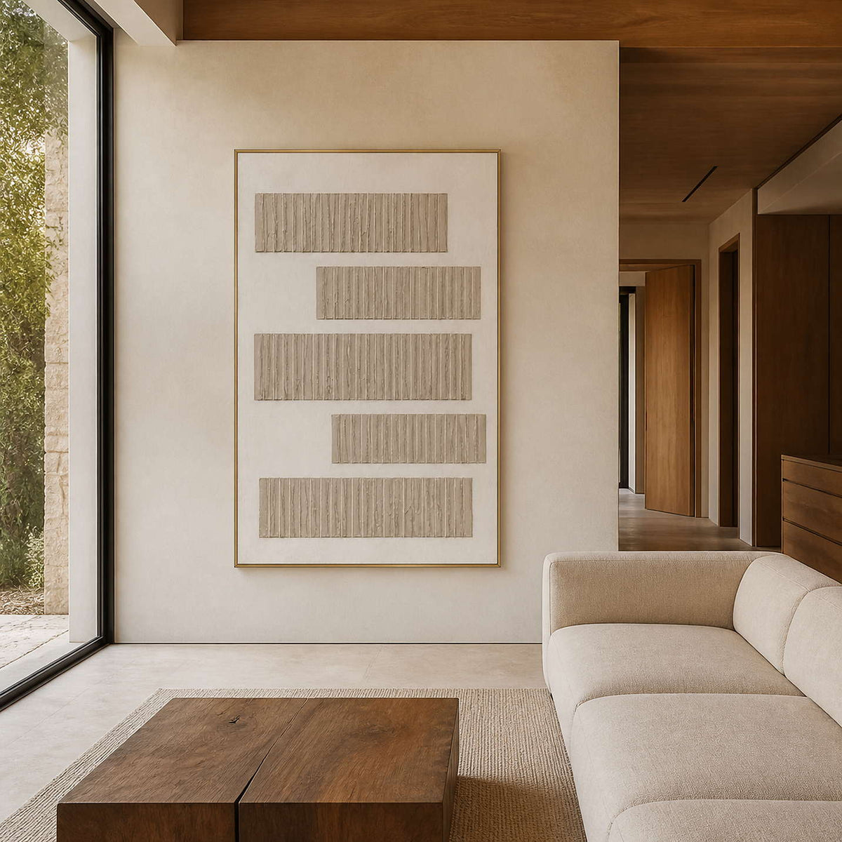 Textured neutral wall art displayed in a warm stone and walnut living room.