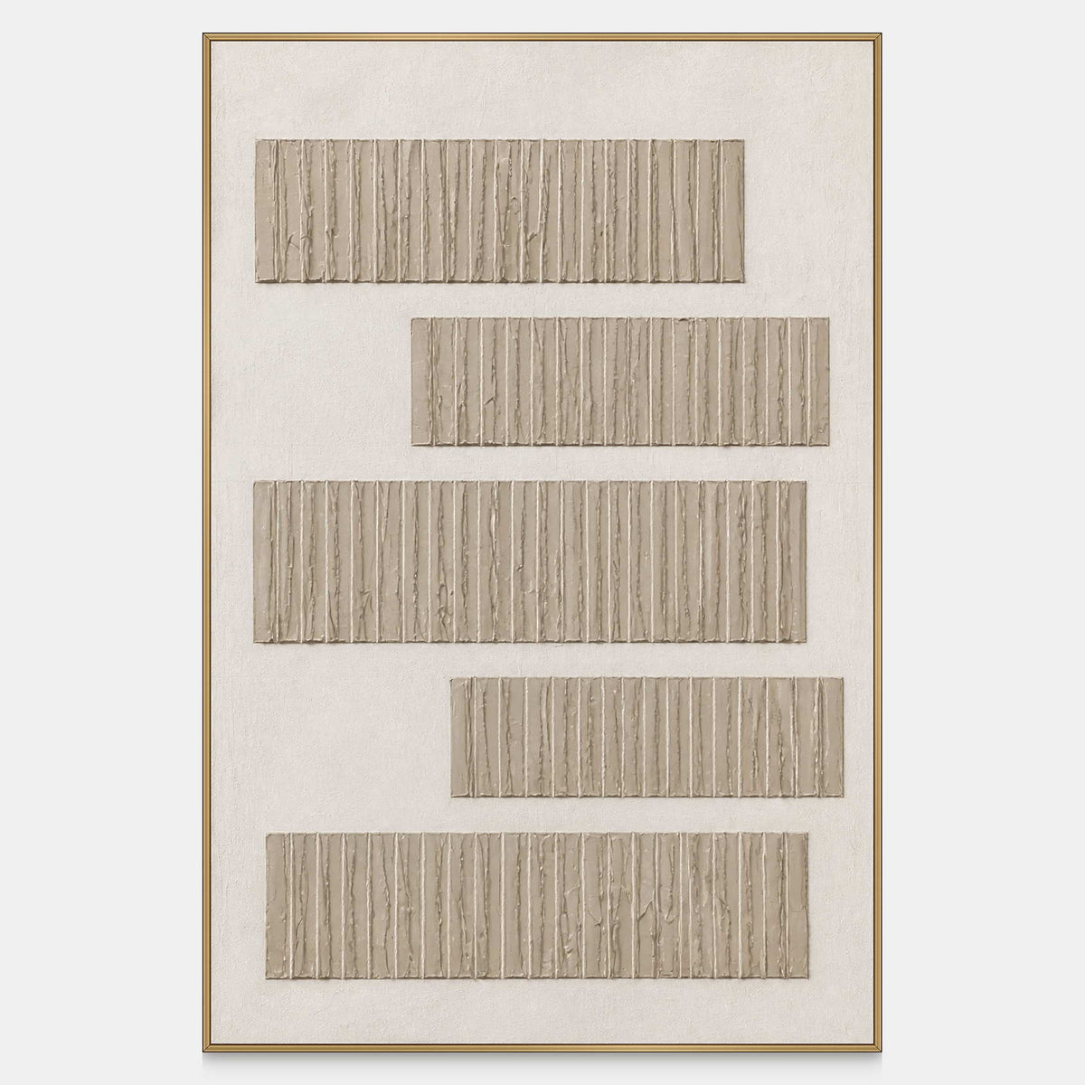 Five hand-built gray-beige relief bands arranged on a warm white canvas.