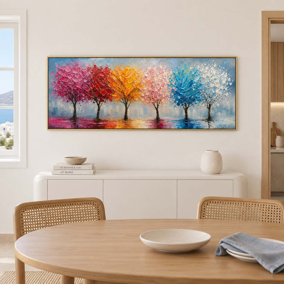 A row of colorful trees reflected beneath a pale sky in a gold frame, displayed above a dining table.