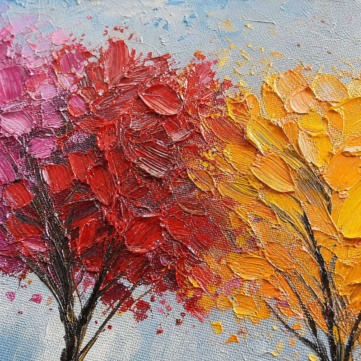Detail of Five Trees Meet Clear Air, showing the pink, orange and blue foliage and reflections.