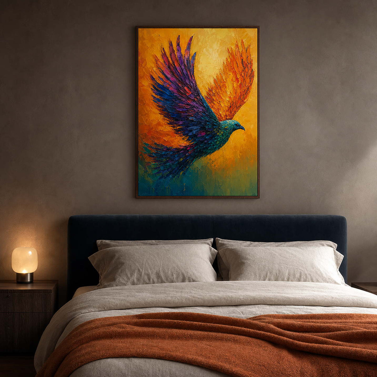 Colorful Bird Wall Art displayed in a refined bedroom.