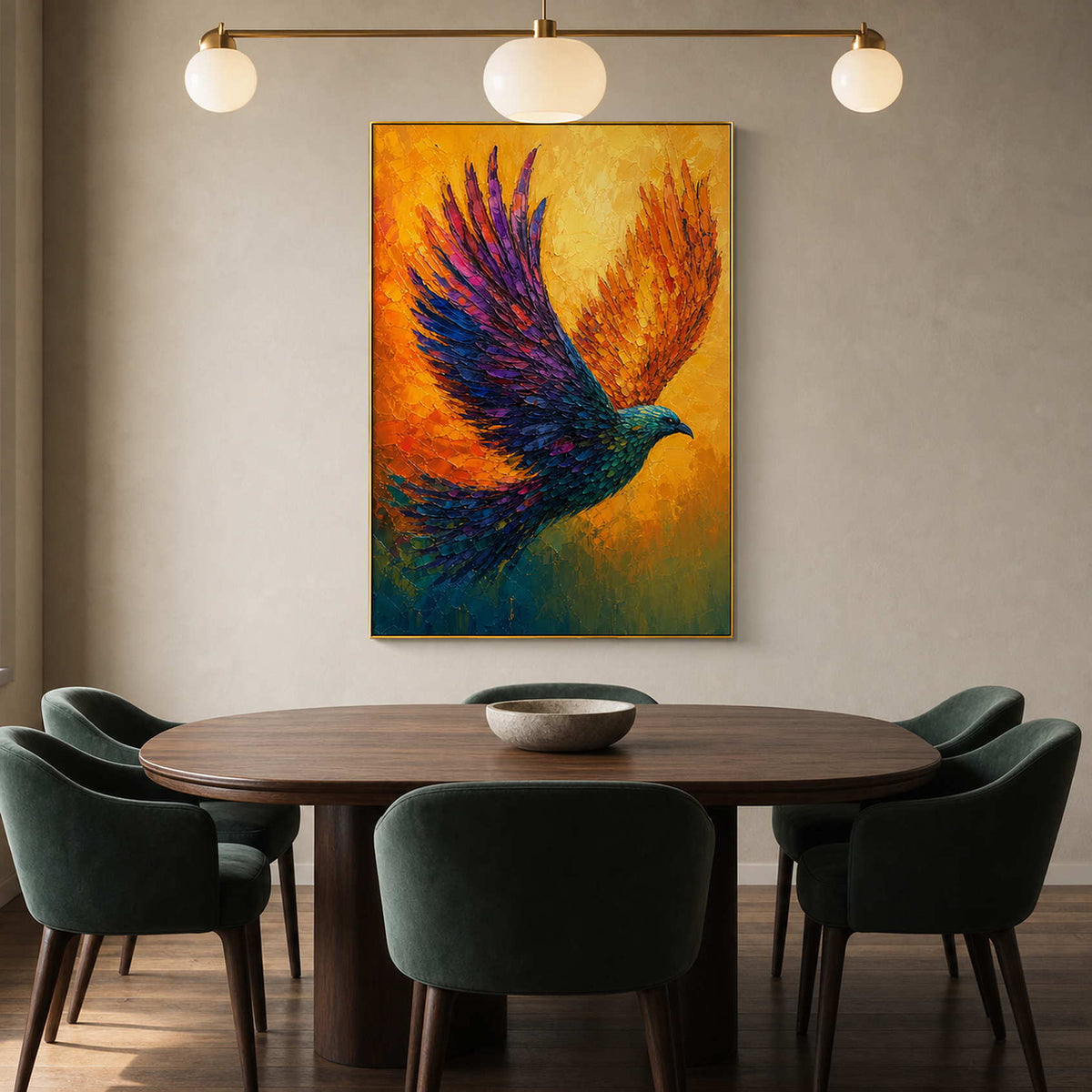 Colorful Bird Wall Art displayed in a refined dining room.