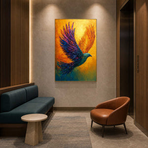 Colorful Bird Wall Art displayed in a refined hospitality lounge.