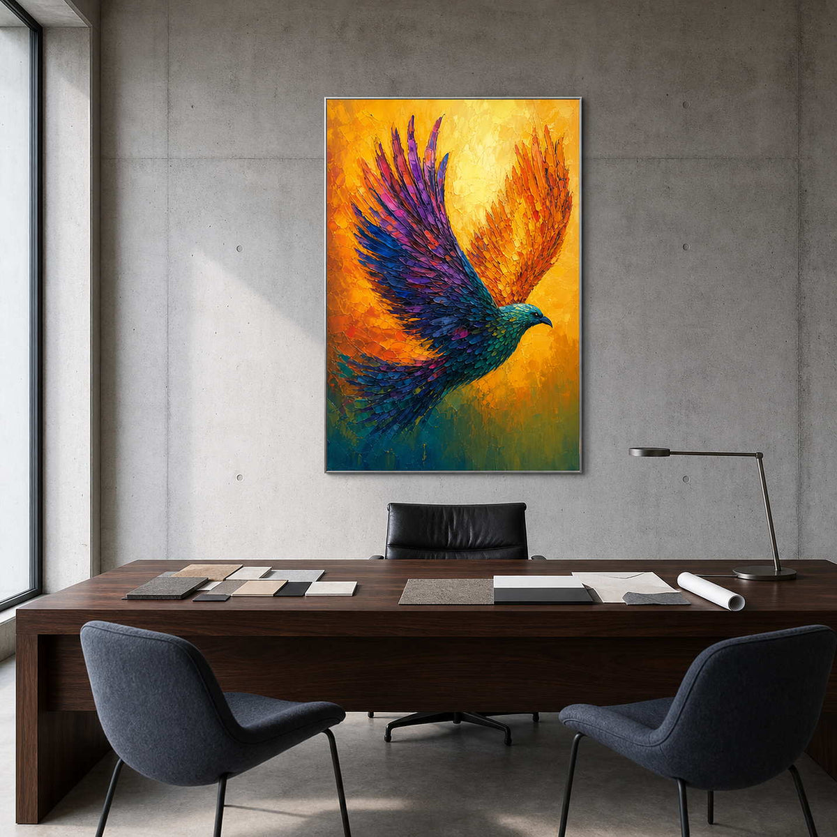 Colorful Bird Wall Art displayed in a refined office.