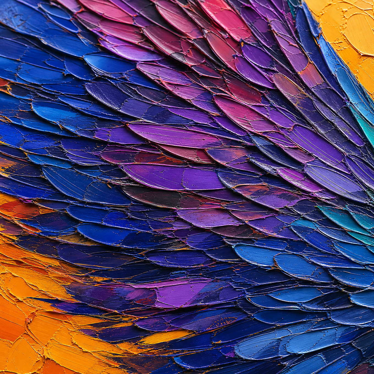Close-up of raised hand-painted texture in warm tones, blue, and multicolor.