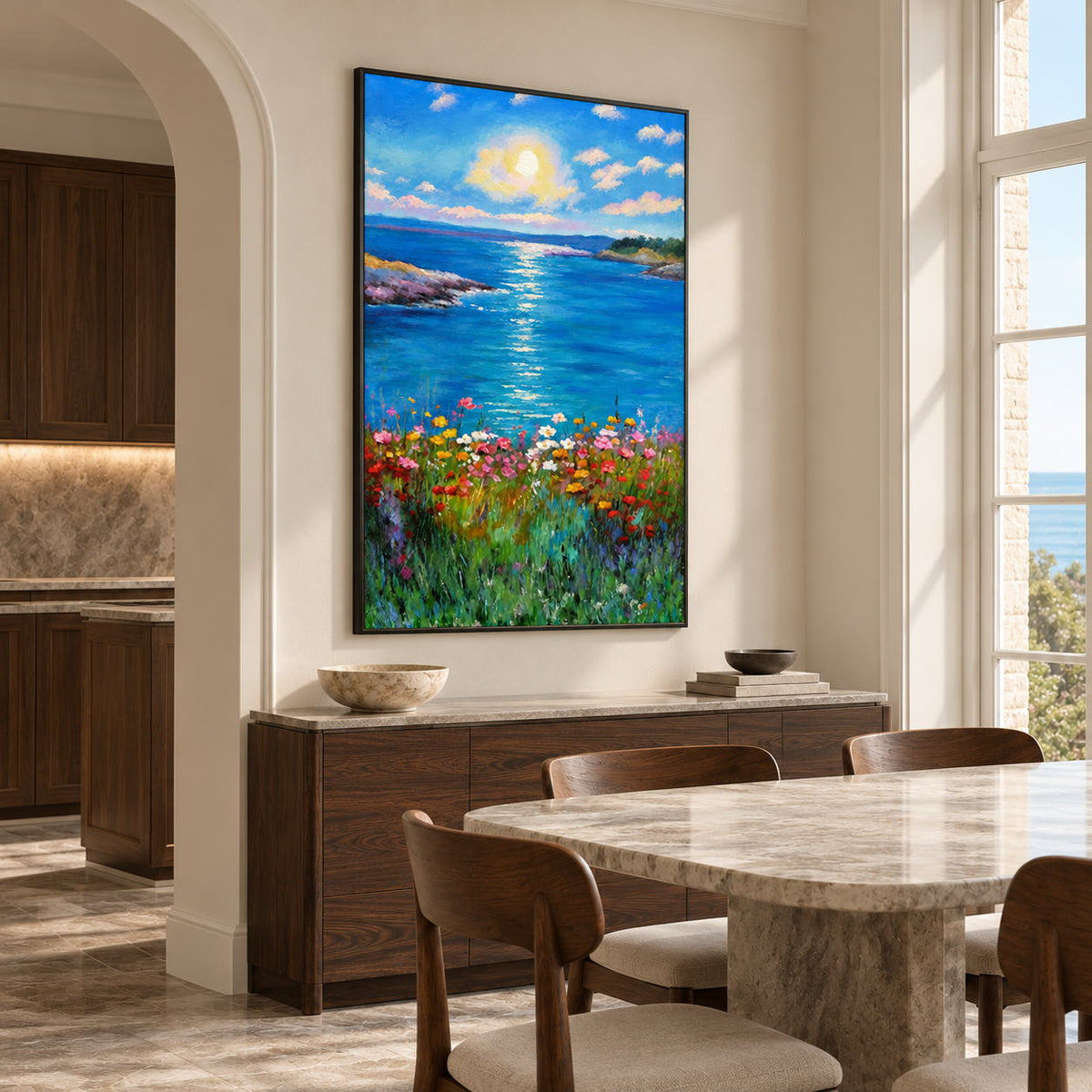 A sunlit blue sea between low shores with colorful flowers in the foreground in an artwork with a black frame, displayed in a dining area beside the table.