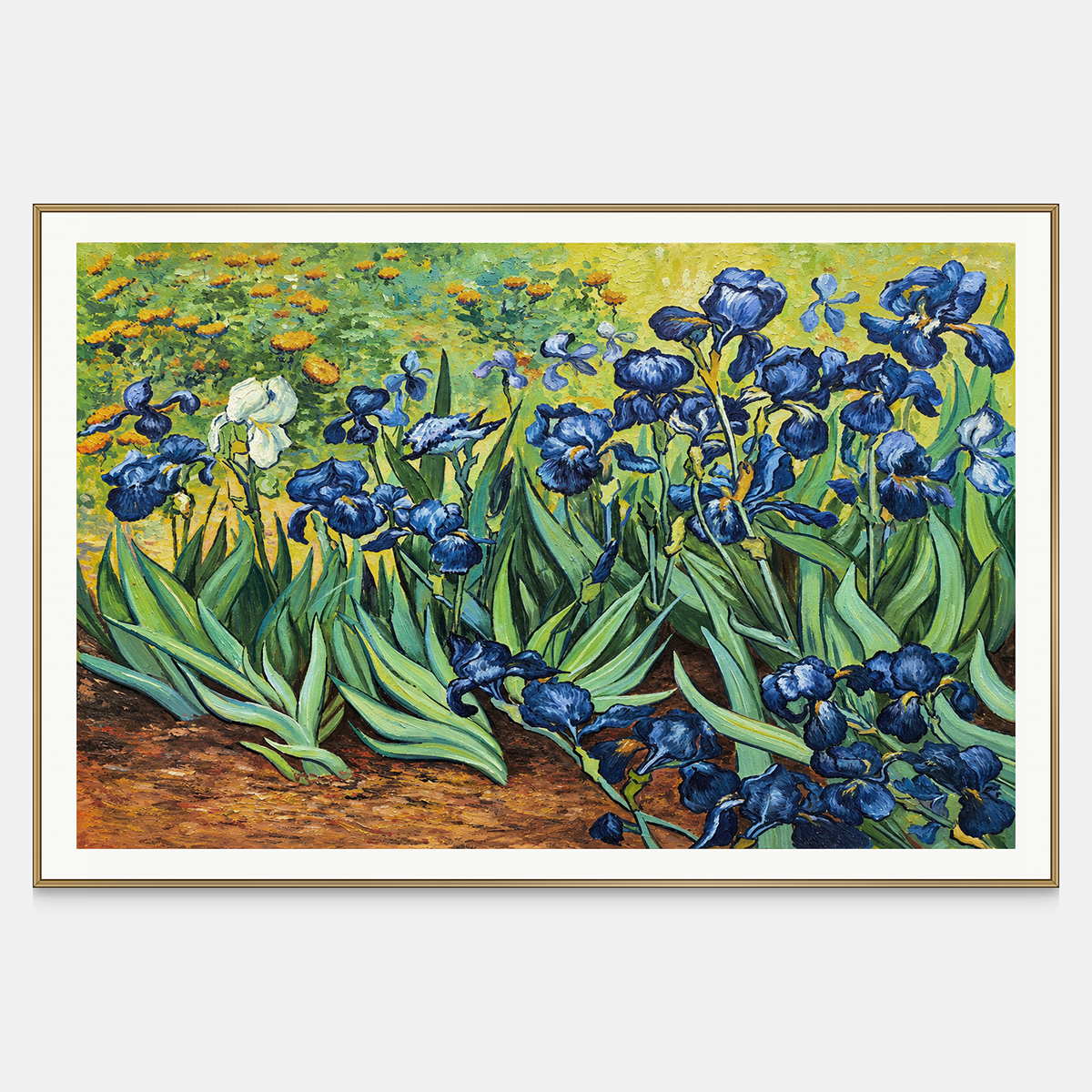 Front view of blue flowers and curling green leaves above warm brown soil, with a gold-colored frame.
