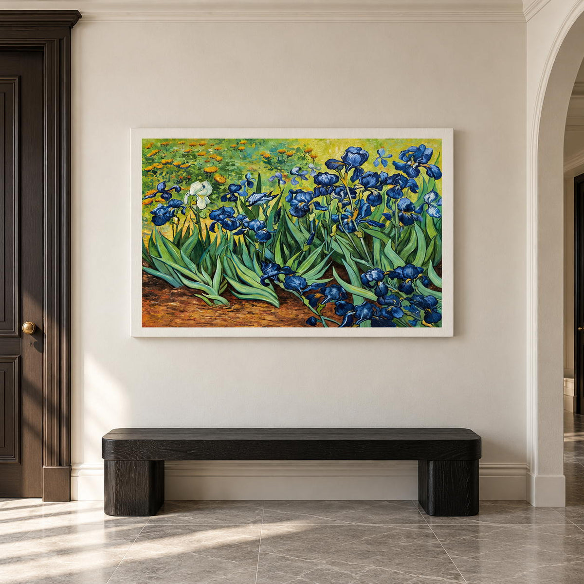 Blue flowers and curling green leaves above warm brown soil in an artwork with no outer frame, displayed in an entryway above a console or bench.