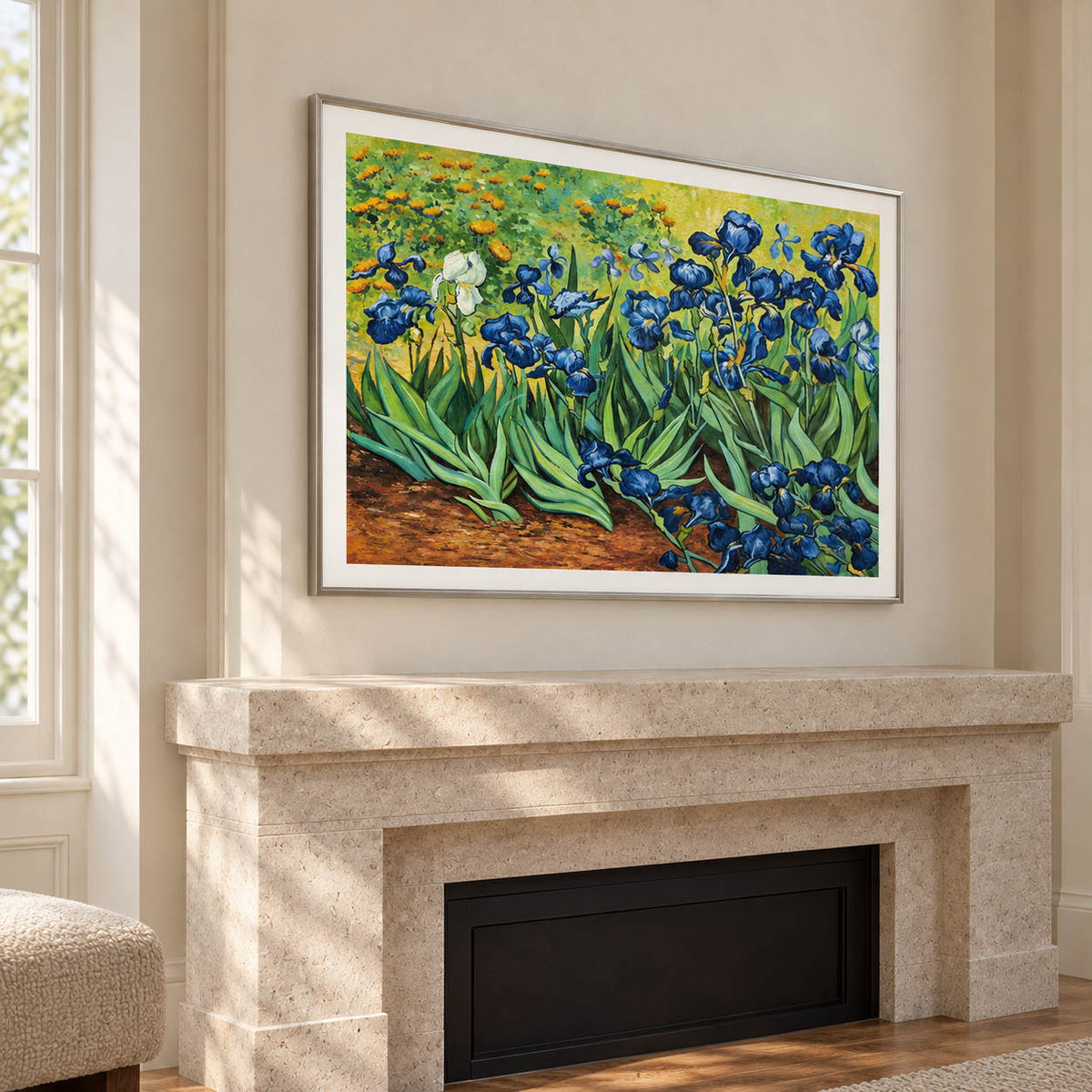 Artwork showing blue flowers and curling green leaves above warm brown soil above a fireplace, with a silver-colored frame.