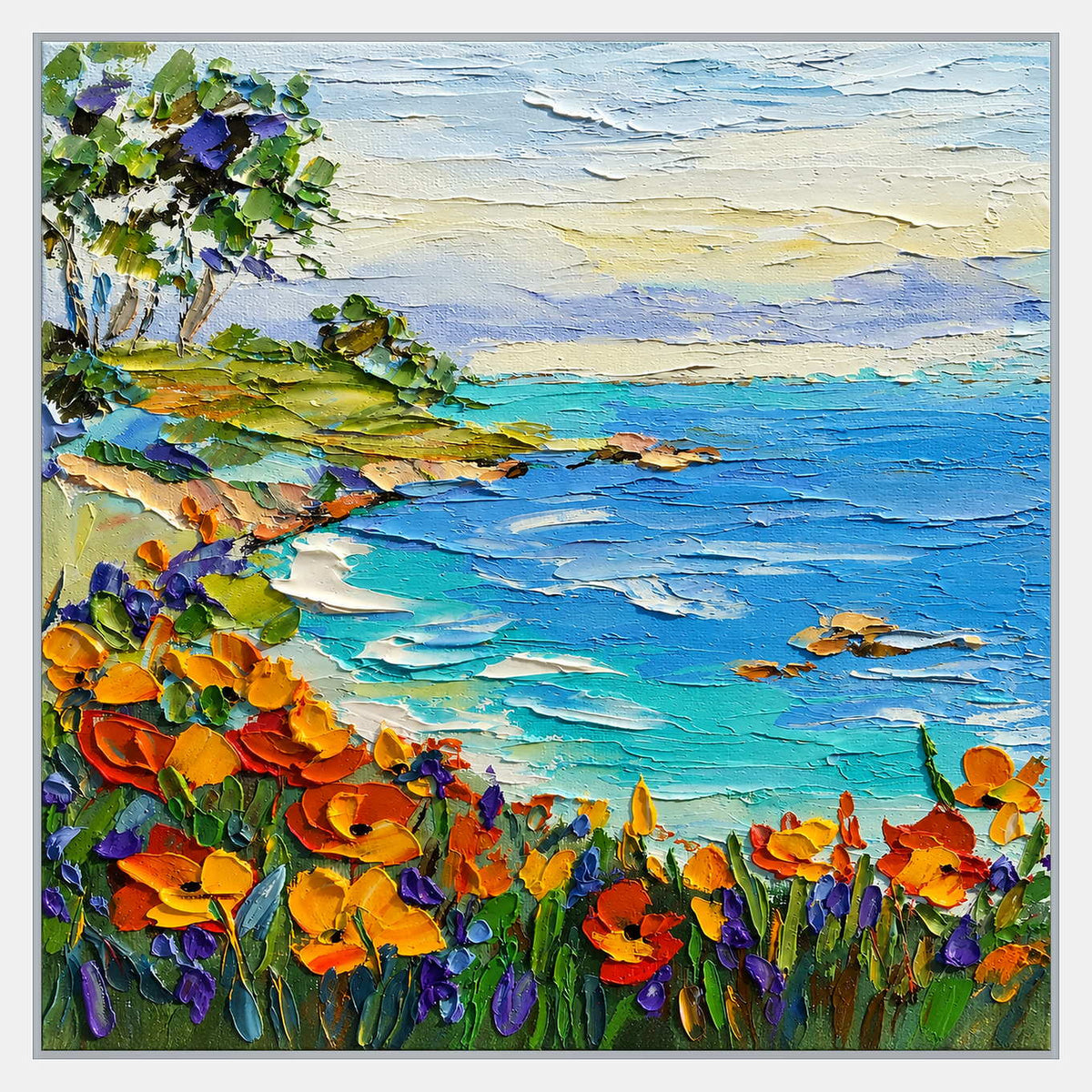 Orange and purple flowers border a turquoise bay with rocks, trees on the left shore, and a pale layered sky.