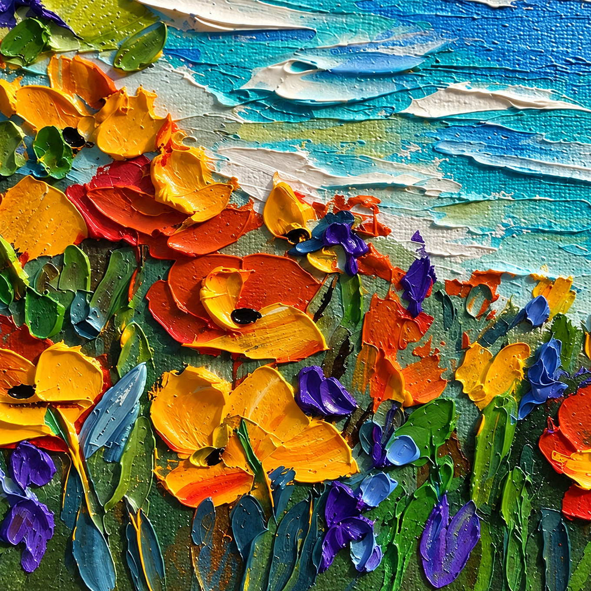 Detail of orange and purple petals beside white strokes on turquoise water.